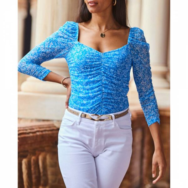 Blue Floral Print Ruched Front Mesh Top