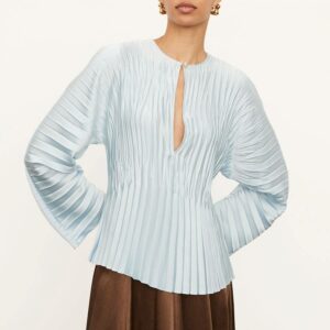 Blue Pleated V-Neck Blouse