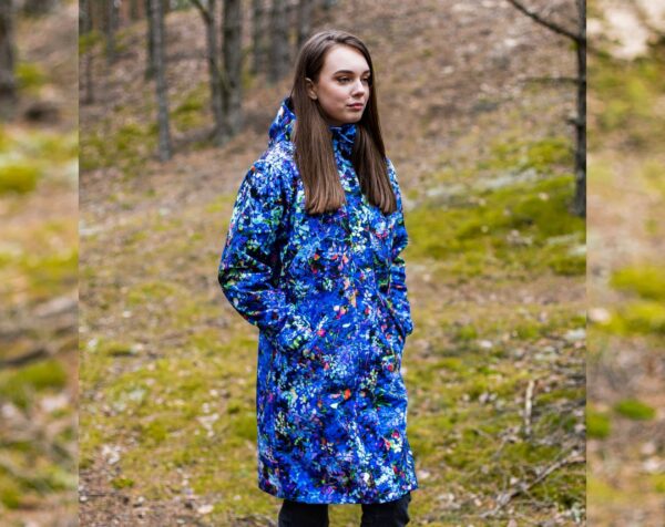 Blue Raincoat, Hooded Parka, Spring Colourful Waterproof Parka Women, Floral Outerwear, Pockets, Lining Optional