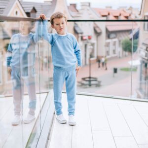 Blue Sweater With Buttons & Joggers Pants Merino Wool Wide Leg Knitted Baby Clothes Long Sleeve Set in Stock