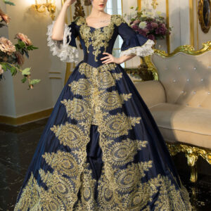 Blue Victorian Rococo Embroidered Bell Sleeve Lace Up Tunic Renaissance Gown Dress