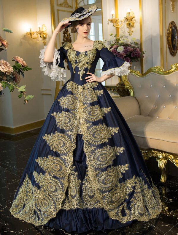 Blue Victorian Rococo Embroidered Bell Sleeve Lace Up Tunic Renaissance Gown Dress