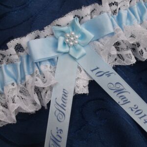 Blue Wedding Garter Personalised Something Lace & Satin Brides Belt Name Date Bridal Hen Night Gift