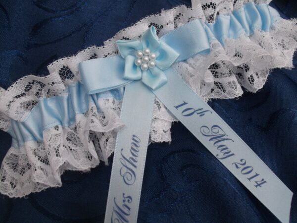 Blue Wedding Garter Personalised Something Lace & Satin Brides Belt Name Date Bridal Hen Night Gift