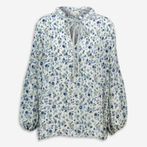 Blue & Ecru Pleated Blouse