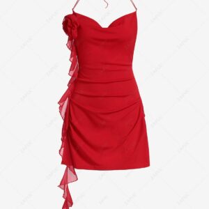 Bodycon Dress Sexy 3D Flower Rosette Decor Backless Tie Cowl Neck Flounce Ruched Mini Club Vegas Dress M Red