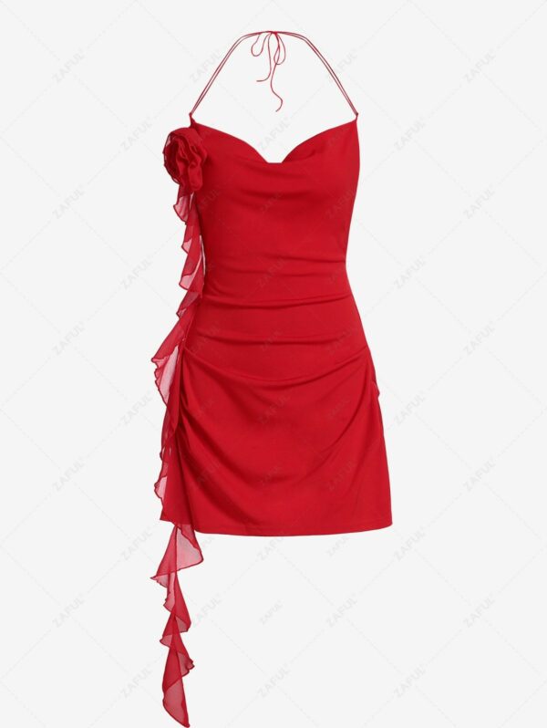 Bodycon Dress Sexy 3D Flower Rosette Decor Backless Tie Cowl Neck Flounce Ruched Mini Club Vegas Dress M Red