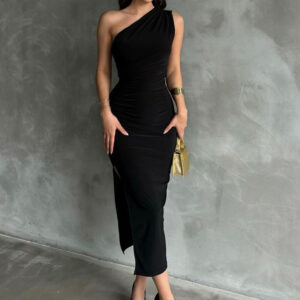 Bodycon Dresses Black Sleeveless Sexy Asymmetrical Neck High-slit Body-conscious Dress Sheath Dress