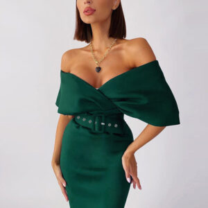 Bodycon Dresses Dark Green Short Sleeves Zipper Sexy V-Neck Layered Slim Fit Dress Sheath Dress