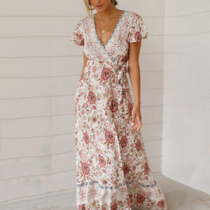 Bohemian Dresses Women Summer Tea Dress V Neck Short Sleeves Floral Print Split Beach Dress