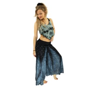 Boho Blue Feather Palazzo Pants, Yoga Hippie Harem Culottes