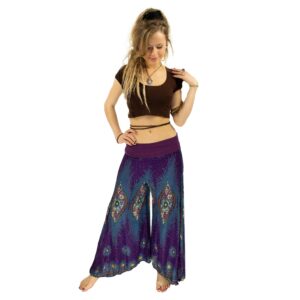 Boho Peacock Purple Palazzo Pants, Yoga Hippie Culottes