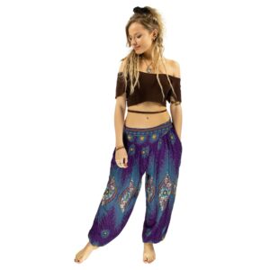 Boho Purple Peacock Print Hippie Yoga Harem Pants