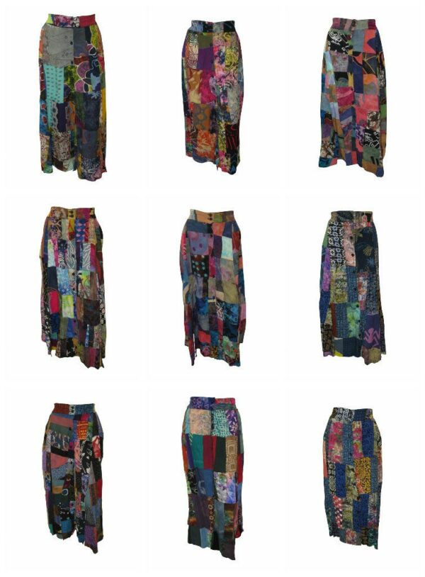 Boho Upcycled Patchwork Skirt A-Line Retro Button Up Slit Hem Midi 8-12 P28-P36