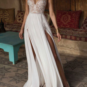 Boho Wedding Dresses 2024 Lace V Neck Sleeveless Beaded Backless Double Splits Chiffon Beach Bridal Gowns