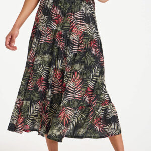 Bonmarche Black Palm Print Crinkle Tiered Elasticated Skirt, Size: 12 -Holiday Shop