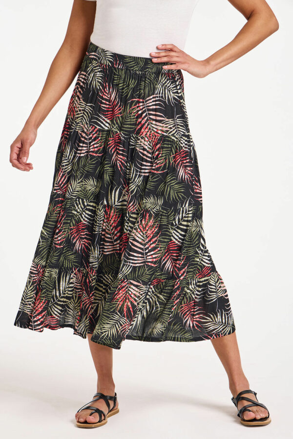 Bonmarche Black Palm Print Crinkle Tiered Elasticated Skirt, Size: 12 -Holiday Shop