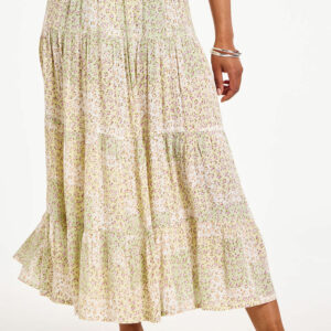 Bonmarche Ivory Floral Patchwork Print Crinkle Tiered Elasticated Skirt, Size: 16