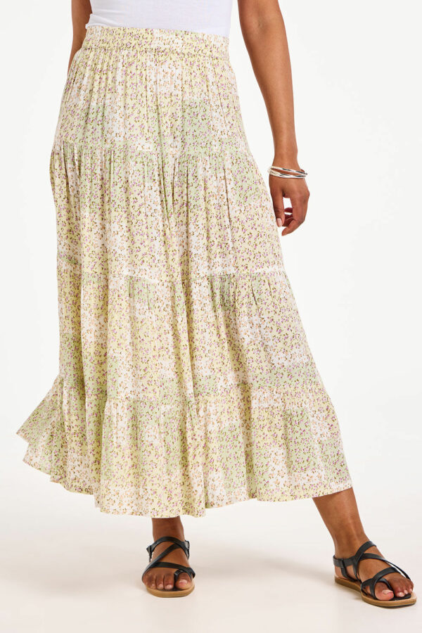 Bonmarche Ivory Floral Patchwork Print Crinkle Tiered Elasticated Skirt, Size: 16