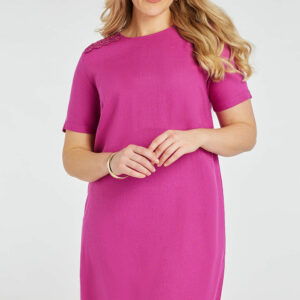 Bonmarche Magenta Plain Linen Shift Dress With Lace Trim, Size: 14