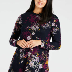 Bonmarche Navy Floral Print Soft Touch Tunic Dress, Size: S