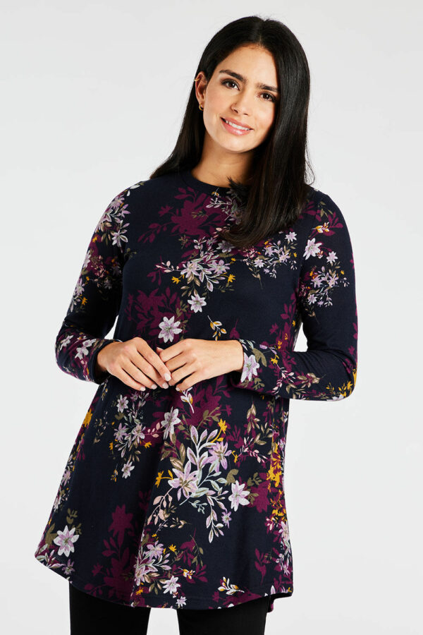 Bonmarche Navy Floral Print Soft Touch Tunic Dress, Size: S