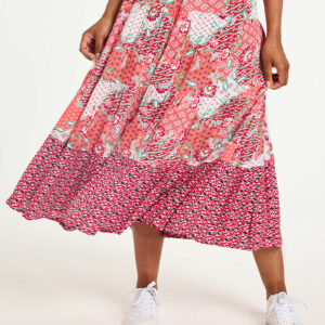 Bonmarche Orange Patchwork Border Print Crinkle Tiered Elasticated Skirt, Size: 16 -Holiday Shop