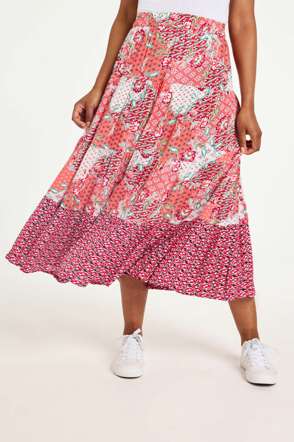 Bonmarche Orange Patchwork Border Print Crinkle Tiered Elasticated Skirt, Size: 16 -Holiday Shop