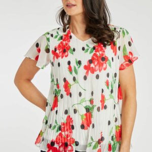 Bonmarche Red Flower and Sport Printed Pleated Chiffon Top, Size: 1