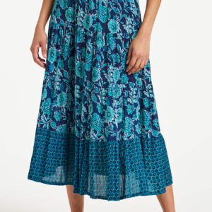 Bonmarche Turquoise Border Print Tiered Crinkle Skirt, Size: 10 -Holiday Shop