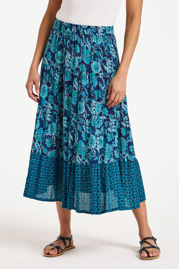 Bonmarche Turquoise Border Print Tiered Crinkle Skirt, Size: 10 -Holiday Shop