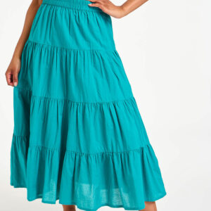 Bonmarche Turquoise Plain Tiered Cotton Elasticated Skirt, Size: 16