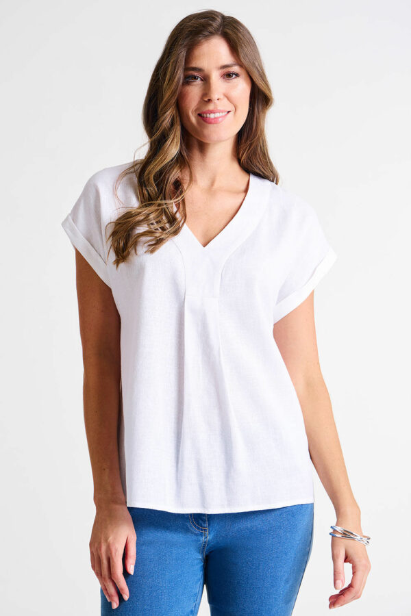 Bonmarche White Short Sleeve Pleated Linen Blend V-neck Top, Size: 24