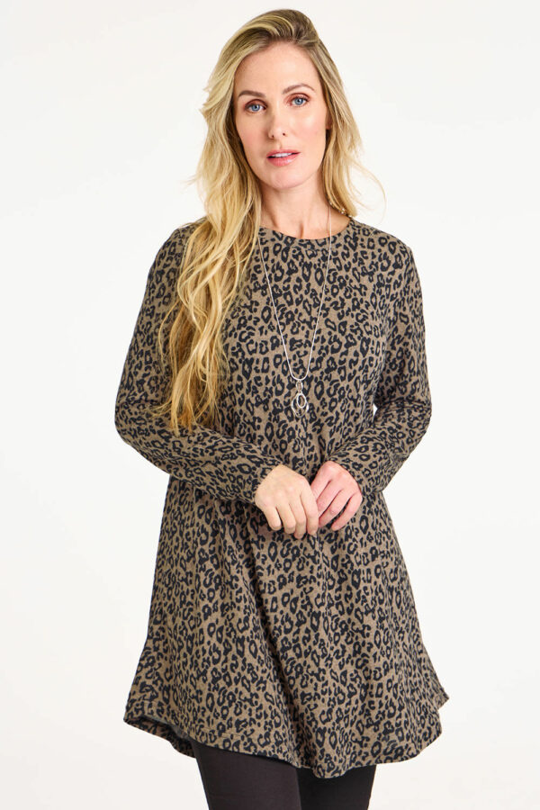 Bonmarche Women's Brown and Black Animal Print Soft Touch Tunic Dress, Size: S