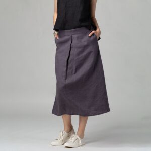 Box Pleat Gray Linen Skirt | Wide Trapeze With Pockets Urban Everyday