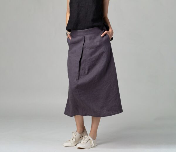 Box Pleat Gray Linen Skirt | Wide Trapeze With Pockets Urban Everyday