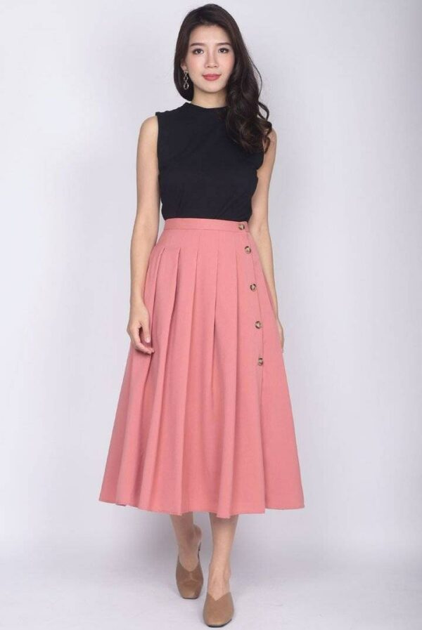 Box Pleat Skirt With Buttons, Midi Skirt, Maxi Summer Cotton Skirts, Flared Skirts Pockets, Casual/Formal