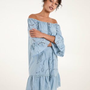 Broderie Tunic Smock Dress - S / Light Blue