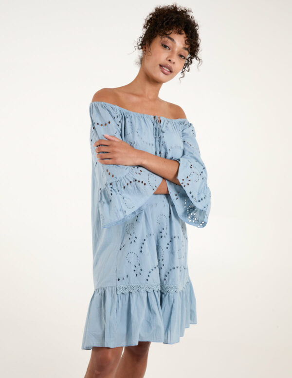 Broderie Tunic Smock Dress - S / Light Blue