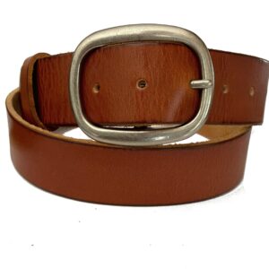 Brown Distressed Leather Belt - Silver Oval Buckle Genuine Cow Hide Snap On Removable Strap Unisex 1 1/2'' Dress Waist Cinch Casual