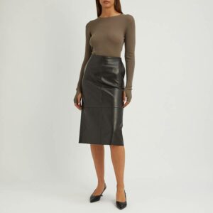 Brown Leather Midi Skirt