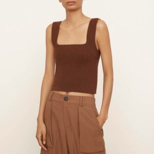 Brown Square Neck Cotton Blend Tank Top