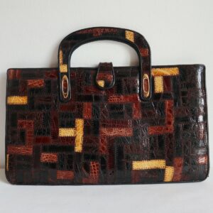 Brown Vintage Top Handle Bag With Reptile Printed Patch Work // Golden Metal