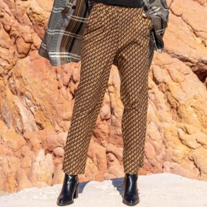 Brown & Mustard Women Pants, Earth Tone Trousers, Retro Print Aesthetic Spring Ankle Tailored Carrot Fit Pants