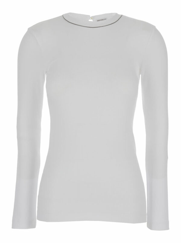 Brunello Cucinelli White Long-sleeve Top With Monile Detail In Ribbed Stretch Cotton Woman