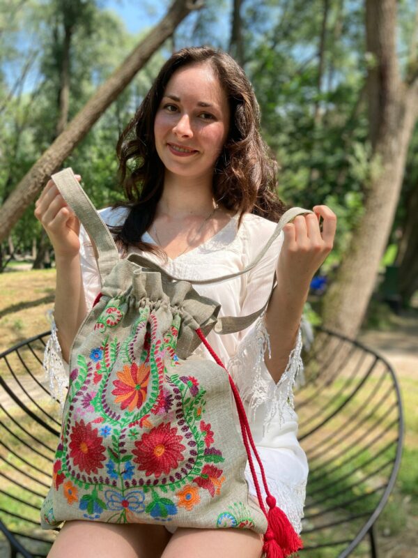 Bucket Purse For Women, Boho Shoulder Bag, Hippie Hobo Linen Tote Bag With Mexican Embroidery, Embroidered Purse, Women's Linen Handbag