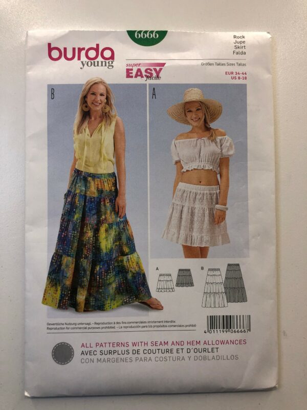 Burda Pattern 6666, Uncut, Misses Semi-Fitted, Tiered, Pull-On Skirts, Mini Or Ankle Length, Elastic Waist, Super Easy To Sew, 8-18