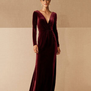 Burgundy Evening Dress A-Line V-Neck Long Sleeve Velour Floor-Length Formal Party Dresses