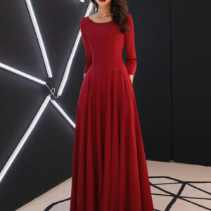 Burgundy Evening Dresses Long Sleeve Prom Dress A Line Formal Gowns With Pockets