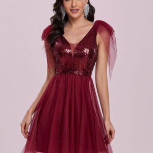 Burgundy Homecoming Dress A-Line V-Neck Sleeveless Backless Sequined Tulle Short Evening Dress